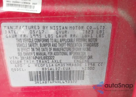 2017 Nissan Sentra Sv z USA, uszkodzony, nr VIN 3N1AB7AP4HL693322